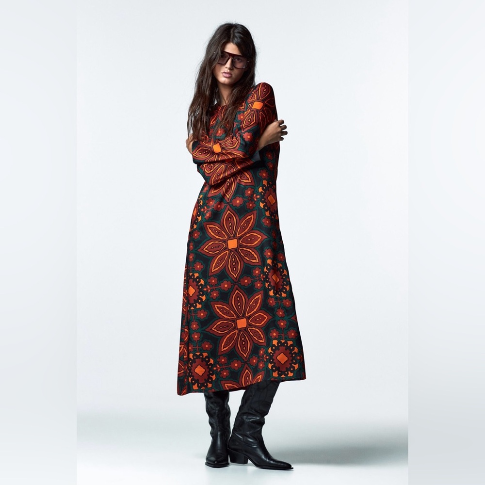 EUC Zara Moroccan Maxi Tunic Print Dress Long Sleeves Satin Finish Size XS